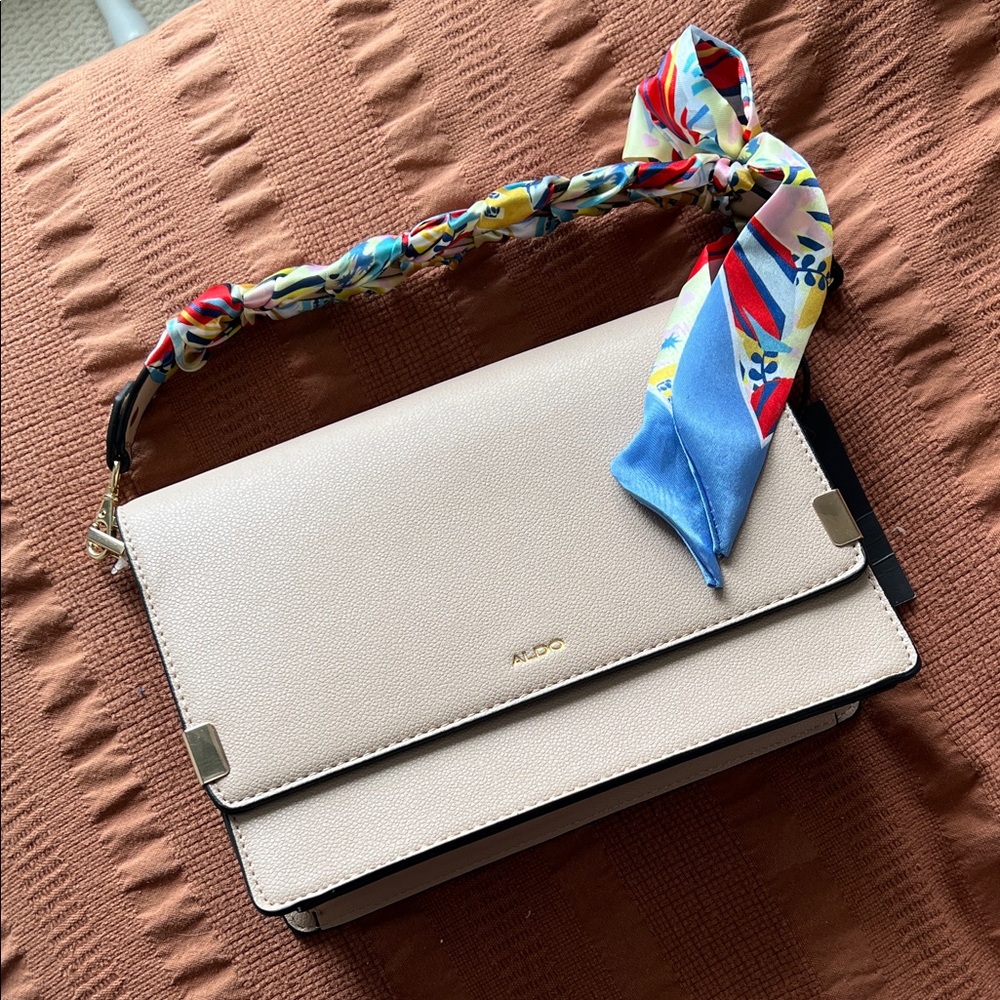 Aldo Cream Shoulder Bag with Multicolor Scarf-Trim Strap
